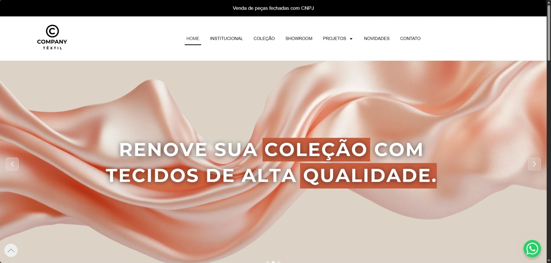 Site institucional B2B para importadora de tecidos desenvolvido em WordPress com estrutura escalável