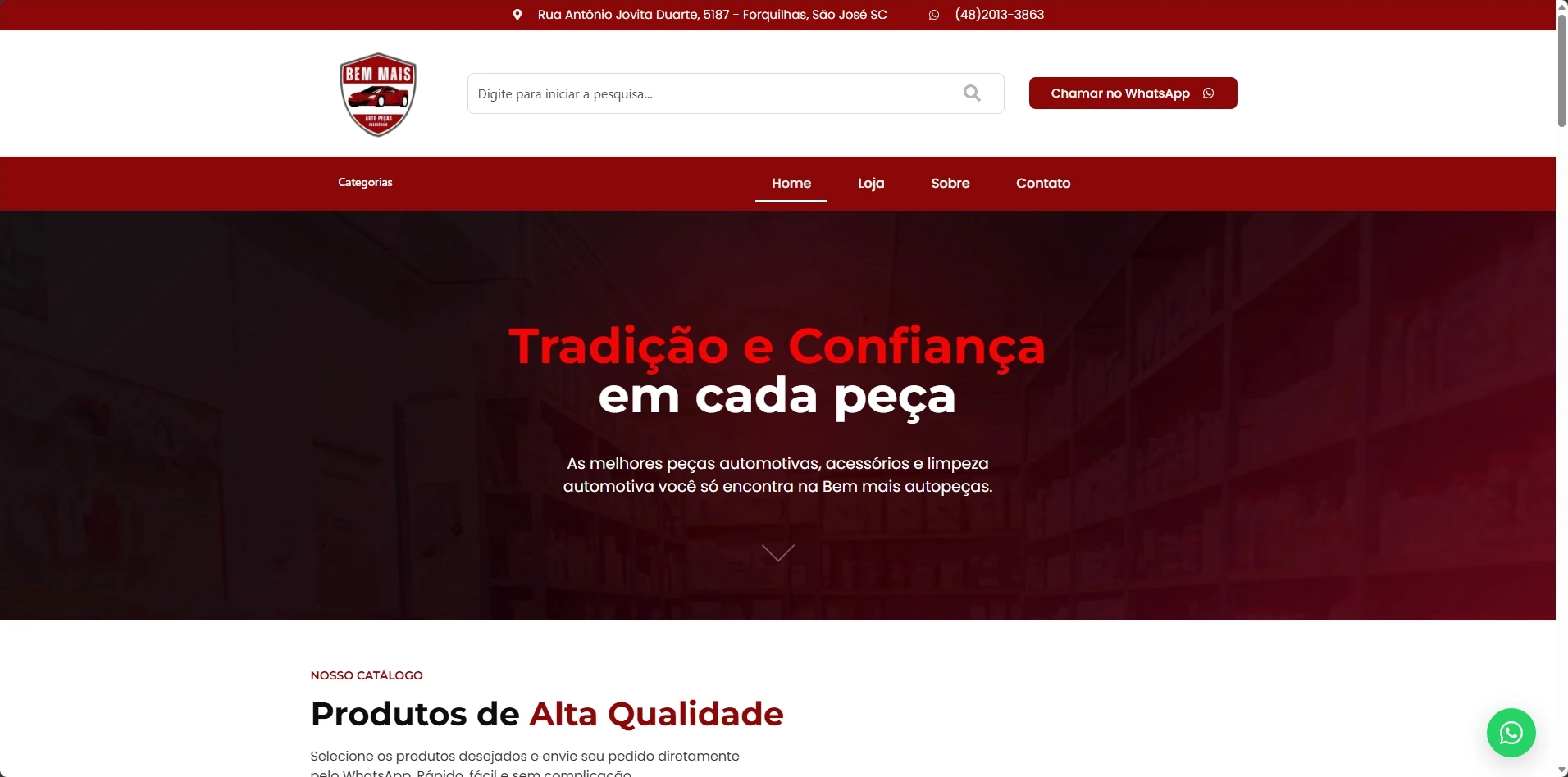 Site catálogo em WordPress para autopeças, com WooCommerce em modo orçamento, filtros de produtos, busca inteligente, layout responsivo e integração com WhatsApp para envio rápido de pedidos.